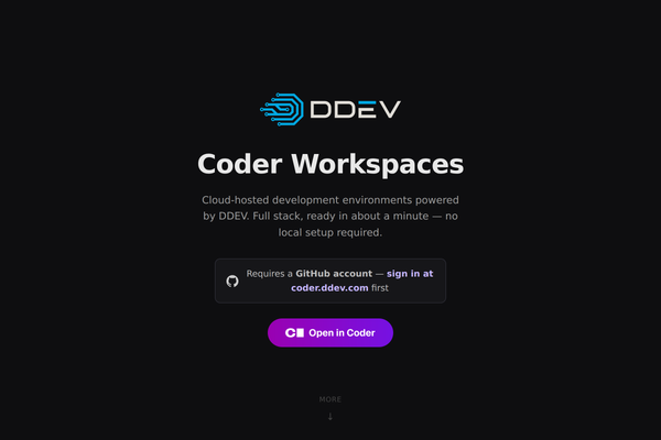 start.coder.ddev.com — Coder Workspaces landing page showing the DDEV logo and Open in Coder button